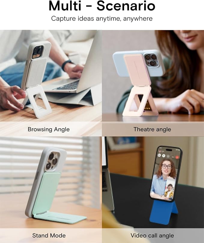 MOFT Phone Stand, Magnetic Phone Tripod Stand Stain-Resistant MOVAS Leather & Angle Adjustment & Strong Magnets Tripod for iPhone 16/15/14/13/12 (Included Metal Ring)-Sapphire