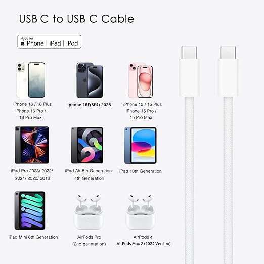 10FT iPhone 17/16 /16E/15 Woven Cable for iPhone 17/16/15 Pro Max, 17Air, 15/16 Plus Cable, USB C to USB C for AirPods 4, AirPods Pro 2, TV Siri Remote, 4K Remote 3rd Gen, TV 4th Gen Charger Cord