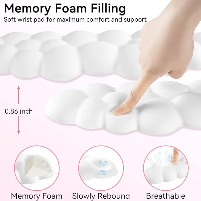 Cloud Wrist Rest for Computer Keyboard, 4-in-1 Memory Foam Leather Cloud Keyboard Wrist Rest and Mouse Pad Set with Ergonomic Support for Arm and Palm Cushion, Gaming/Work Setup, White