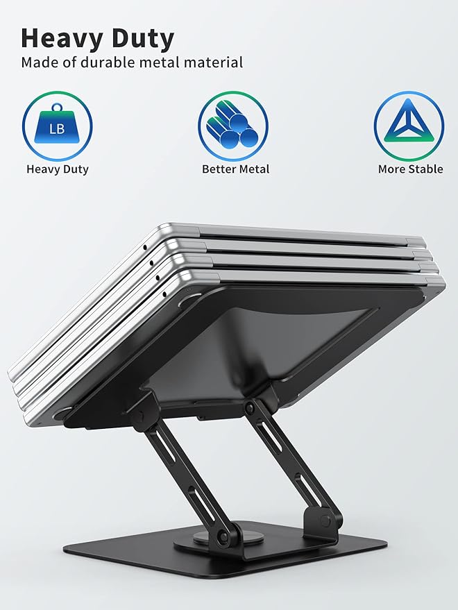 SOUNDANCE Laptop Stand with 360° Rotating Base, Ergonomic Computer Riser for Desk, Adjutable Height Muti-Angle, Foldable Laptop Mount, Stable Metal Holder Support 10-15.6" Notebook PC, Black