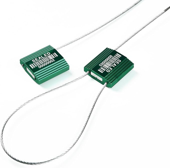 100 Green Steel Cable Seals With Barcode - High Security Numbered Truck Anti-Tamper Pull Tite Tags - Metal Container Shipping Self-Locking Safety Ties ISO 17712