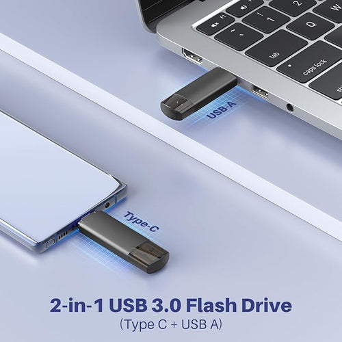 128GB USB C Flash Drive Dual USB 3.0 Flash Drive Type C + USB A Portable Type-C Flash Drive 2-in-1 USB-C Thumb Drive for Smartphone Tablet Computer Mac iPhone 15 Black