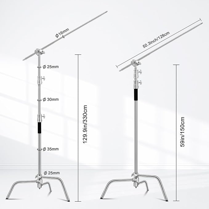 Heavy Duty C Stand 10.8ft/330cm with Holding Arm Carry Bag Sandbag 3*Clip 2*Grip Head Stainless Steel Photography Light Stand C-Stand Sturdy for Photography Studio Video Monolight Softbox Shooting