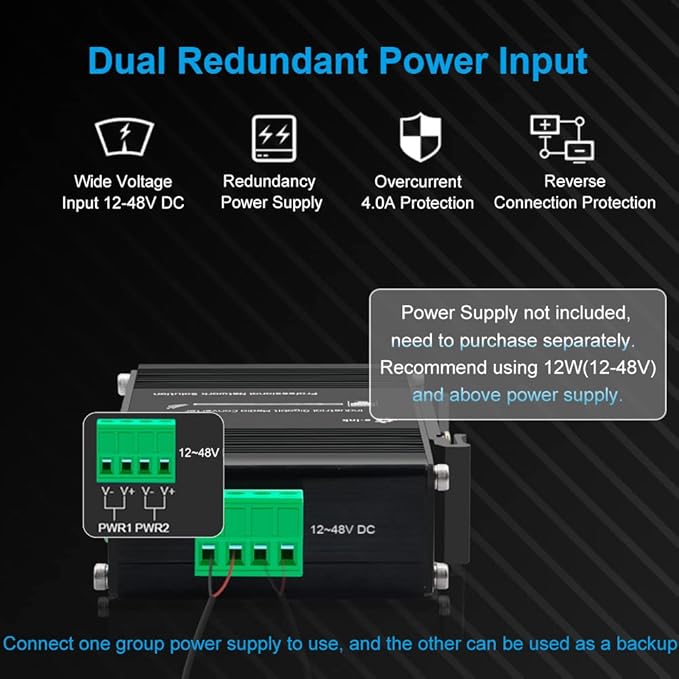 Industrial Gigabit 4-Port Ethernet Switch - Hardened 10/100/1000Mbps Fiber with 100/1000M Adaptive SFP Slot, Din Rail/Wall Mount, Unmanaged Network, 12-48V DC, 5-Port