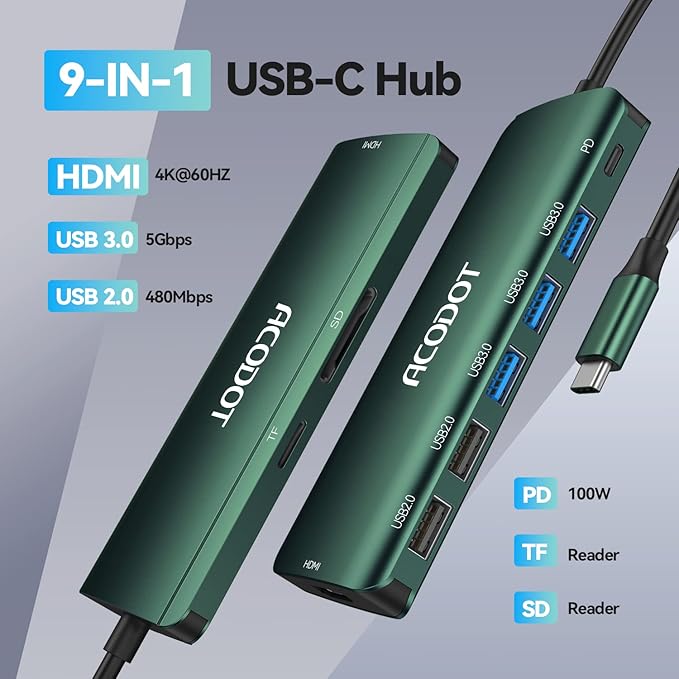 Acodot 9 in 1 USB C Hub - 4K@60Hz HDMI Adapter, 3 USB 3.0 Ports, SD/TF Card Reader, 100W PD, Multiport Adapter for MacBook Pro, Air, HP, XPS, Green