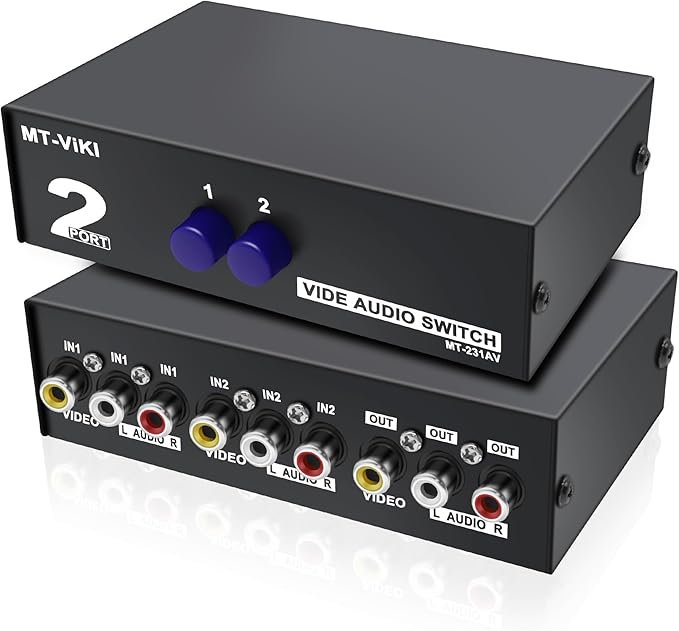 MEIRIYFA 2 Way AV RCA Switcher Splitter 2 in 1 Out, 2 Port AV RCA Switch 2-in-1 Composite Video L/R Audio Switcher Selector Box for DVD Player, Game Consoles TV Monitor Projector