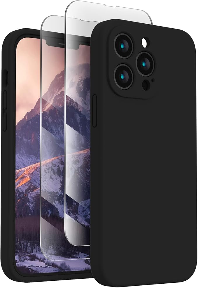 FireNova Designed for iPhone 13 Pro Case, Silicone Upgraded [Camera Protection] Phone Case with [2 Screen Protectors], Soft Anti-Scratch Microfiber Lining Inside, 6.1 inch, Black