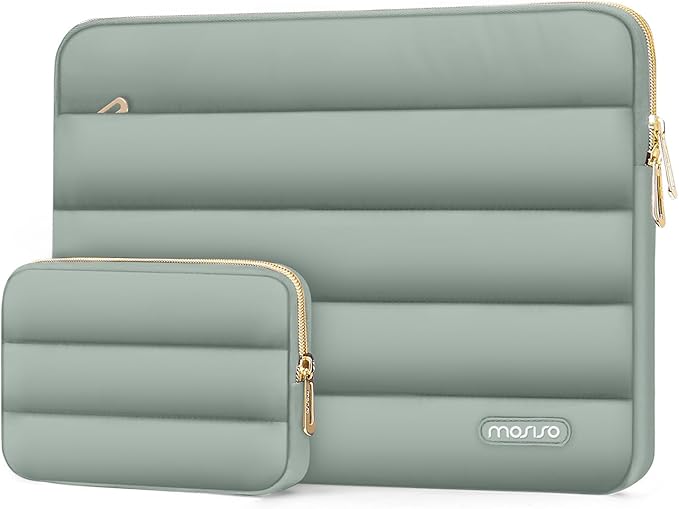 MOSISO 13.3 inch Laptop Case, 13-13.3 inch Puffy Laptop Sleeve Compatible with MacBook Air 13 13.6 M4 M3 M2 M1/Pro 13/Pro 14, HP Dell ASUS Lenovo,Polyester Horizontal Bag with Small Case,Antique Green