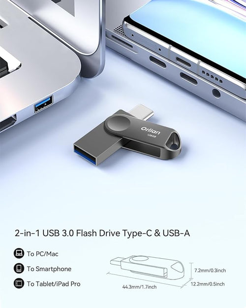 128GB USB C Flash Drive, Dual Drive USB 3.0 and Type C Thumb Drive Up to 110MB/s Read Metal Waterproof Swivel Design Portable for PC Laptop Tablet Android Smartphone iPhone 15 and More, Gray