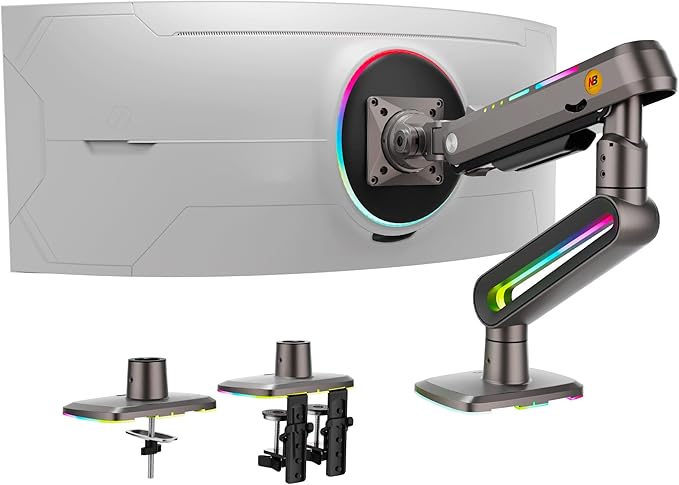 RGB Gaming Monitor-arm for Flat/Ultrawide/Curved Monitors 32 to 60 inch, Heavy Duty Stand Load up to 20 kg, VESA 75/100 mm Monitor-Mount F6-G