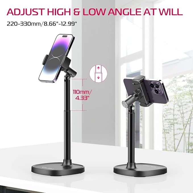 ULANZI Cell Phone Stand Mount for Desk, Vijim HP004 Adjustable Height & Angle Phone Holder, 360 Degree Rotating Desktop Phone Stand Compatible with iPhone, Samsung and All Phones