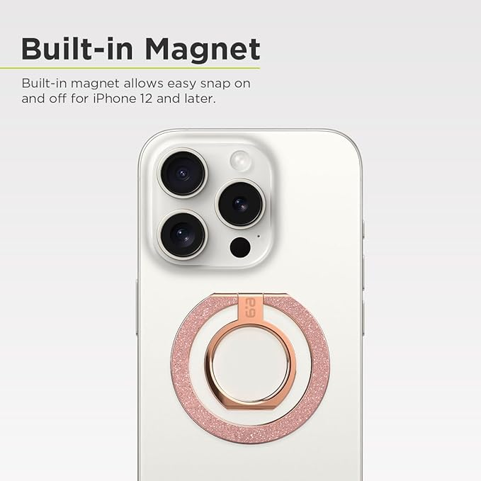PureGear Magnetic Phone Grip Ring Stand, Magnetic Phone Ring Holder for MagSafe iPhone 16, 16Pro, 16Plus, 16ProMax, 15, 15Plus, 14, 14ProMax, 13,12, Adjustable Kickstand(Chrome Rose Gold Pink Glitter)