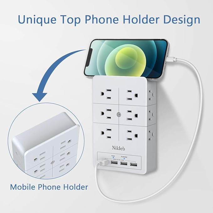 Surge Protector Nikleb 2-Pack, Multi Outlet Plug with 4 USB, Wall Charger Box Multiports Total 4.8A, Electrical Outlet Splitter, Plugs for Outlets Wall Mount, USB Power Adapter Low Profile