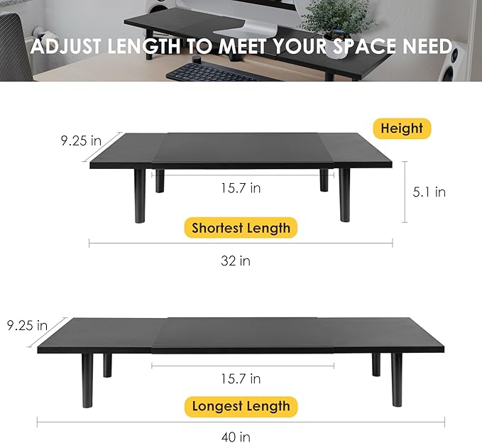 Dual-Monitor-Stand-Riser-For-Desk Adjustable Length 32-40 Inch，Large Desktop Computer Monitor Riser For 2 Screens，Desk Shelf Organizer Riser Stand For Computer/Laptop/PC/Printer/TV Black