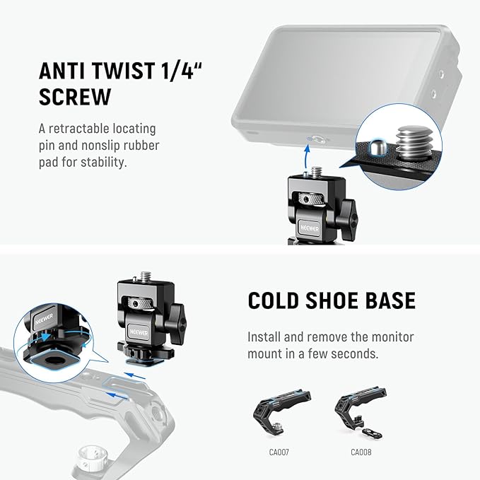 NEEWER Camera Monitor Mount with Cold Shoe, Anti Twist 1/4" Screw for 5" & 7" Field Monitor Compatible with Atomos Ninja V, 360° Swivel & Adjustable 180° Tilt Damping, Compatible with SmallRig, MA006