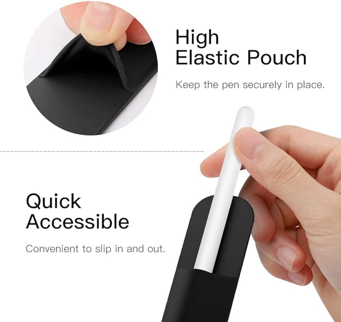 MoKo Pencil Holder Sticker Fit Apple Pencil Pro, Apple Pencil (USB-C), iPencil 1st/2nd Generation, Elastic Pencil Pocket Pouch Adhesive Sleeve Attached to iPad Case for Stylus Pens,Black