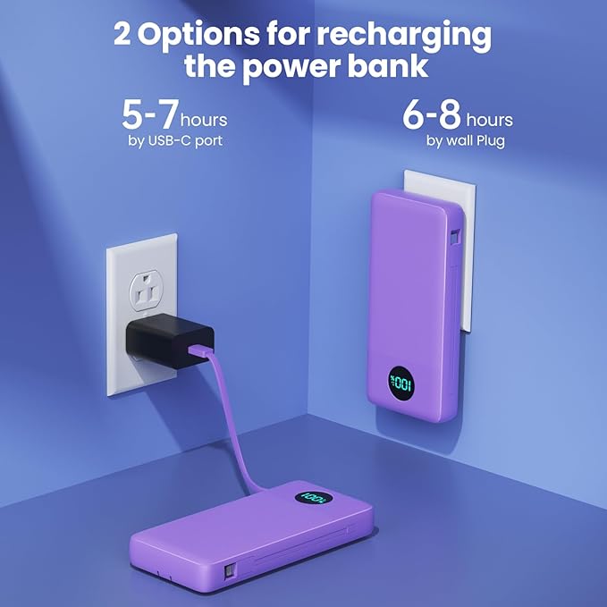 Portable Charger 33800mAh USB C Power Bank with Built-in Cables & AC Wall Plug,25W Fast Charging+QC 4.0 Phone Charger,4 Output LCD Display Battery Pack Compatible with iPhone16/15,Samsung,Android etc