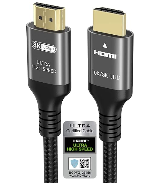 10K 8K 4K HDMI Cable 48Gbps 8 FT, Certified Ultra High Speed HDMI® Cable 4K 240Hz 144Hz 120Hz 8K60Hz 0.01ms HDR10+ eARC HDCP2.3 Netflix Roku TV PC Monitor Projector PS5 X-Box