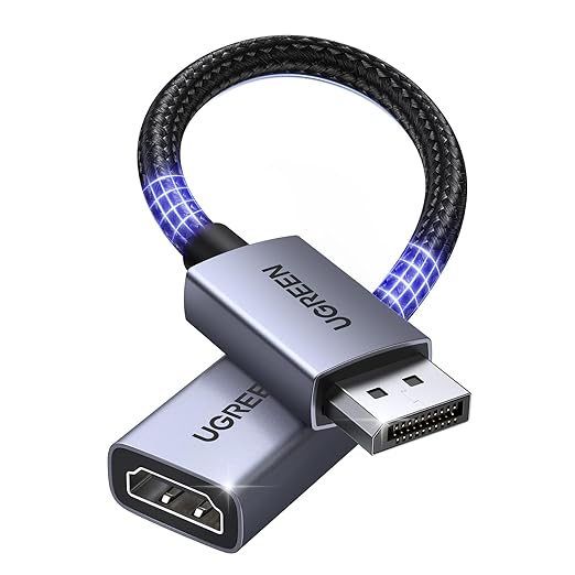 UGREEN 4K DisplayPort to HDMI Adapter, Unidirectional DP 1.2 PC to HDMI 1.4 Converter Braided Cable Male to Female for Desktop, Projector, Monitor, Compatible with AMD, NVIDIA, Passive, 0.66FT