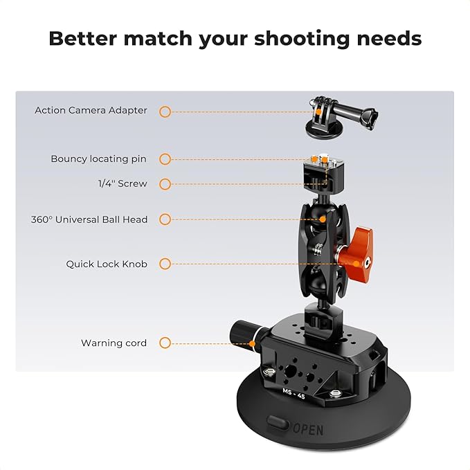 K&F CONCEPT 4.5" Suction Cup Camera Mount with Magic Arm, ARRI Style 1/4" 3/8" Threads, Quick Release Car Mount Compatible with Gopro DJI Insta360 for DSLR Action Camera Phone Video Shooting