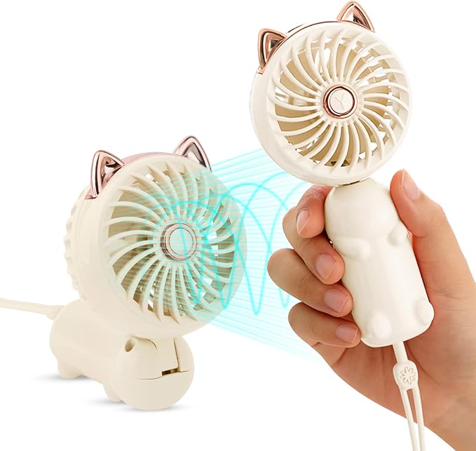 QearFun Handheld Lanyard Fan Portable, Mini Hand Held Fan with USB Rechargeable Battery, 3 Speed Strong Personal Table Fan, 8-12 Hours Small Makeup Fan for Girls Women Travel (Purple&Pink)
