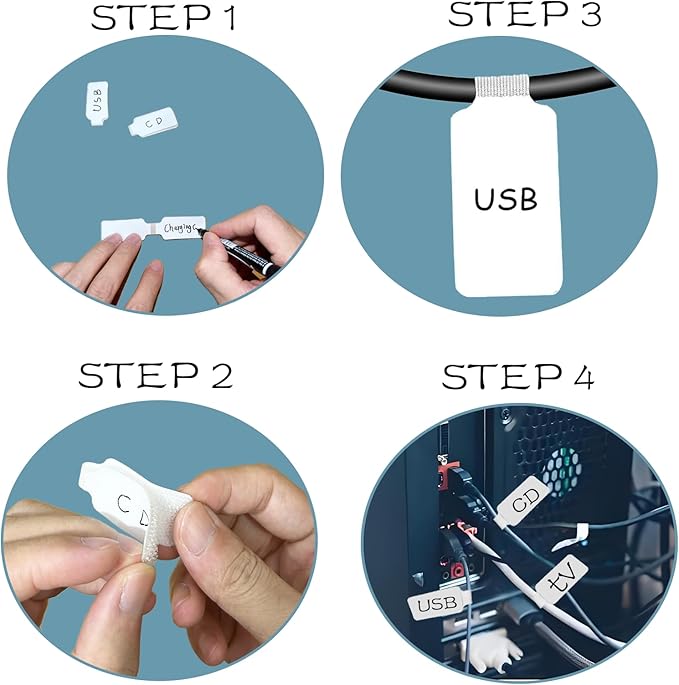 100 Pack Reusable Hook & Loop Cable Ties & Labels Kit - 50 Durable Cord/Wire Tags + 50 Self-Gripping Straps for Electronics Organizing, Home Office Cord Management (White & Black)