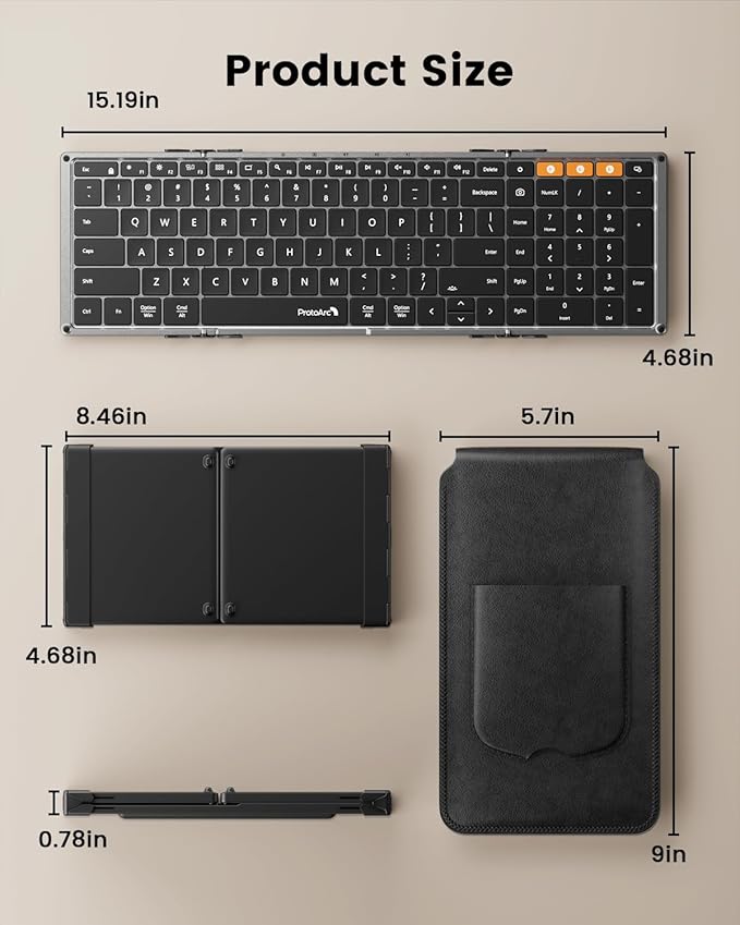 ProtoArc Backlit Foldable Keyboard, XK01 Plus Folding Portable Bluetooth Keyboard for Travel, True Full Size External Wireless Keyboards with Backlight for iPad Tablet Smartphone Laptop PC