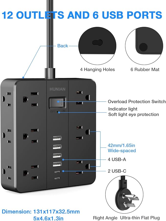 Flat Plug Power Strip Surge Protector, HUNIAN 5 Ft Extension Cord with 12 Widely Spaced Multiple Outlets 6 USB Charger (2 USB C Ports), Desk Charging Station for Home Office Supplies, Black