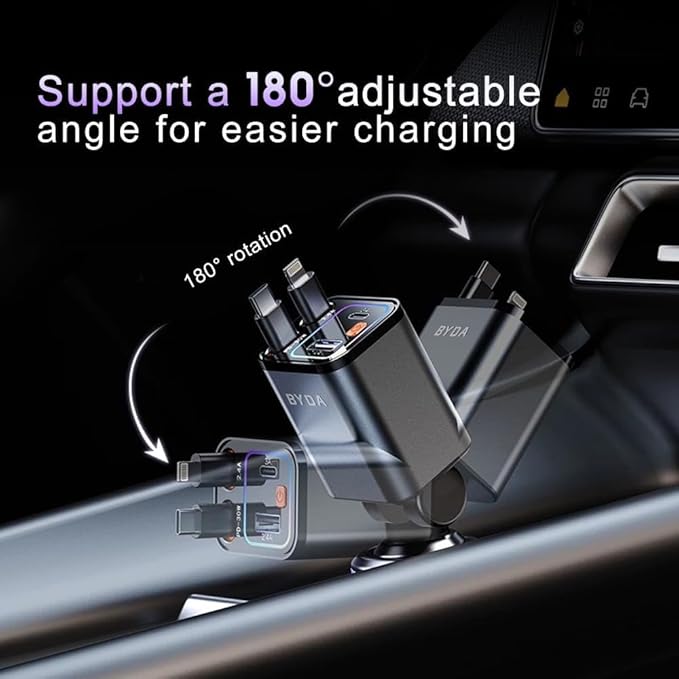 Retractable Car Charger, 4 in 1 Fast Charging USB-C & USB-A Compatible with iPhone 16/15/14/13/12/11 Pro Max, 69W Fast Car-Charger Cigarette Lighter Adapter for Galaxy, Pixel (Light-ning+USB-C) Grey