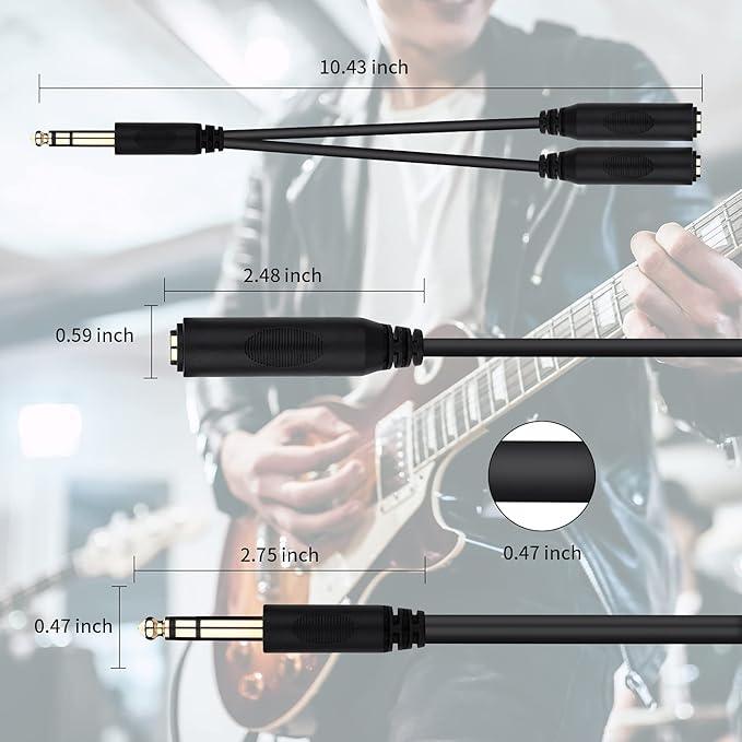 1/4 Splitter Cable, 1/4 Inch (6.35mm) TRS Male to Dual 1/4 Inch TRS Female Stereo Jack Adapter, Quarter inch TRS Headphone Splitter Cable - 8 inches/20cm
