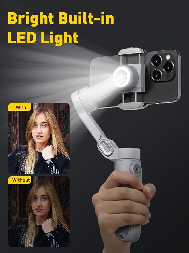 Gimbal Stabilizer for Smartphone with Face/Object Tracking for iPhone 15 14 Pro Max Android,3-Axis Foldable Phone Gimbal w/Built-in Light,1/4 Threads for TikTok YouTube Vlogging(Smart X Grey)