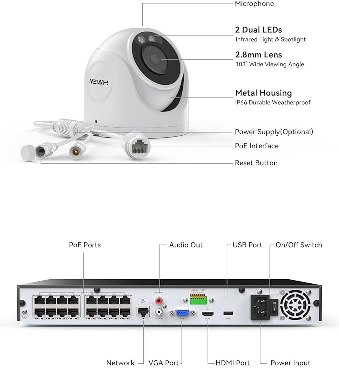 H.VIEW 4K 16 Channel Security Camera System 16Pcs CCTV Camera kit PoE 8MP Indoor Outdoor Dome Wired Surveillance Video with Audio,16CH 4K H.265 NVR with 4TB HDD, CCTV Surveillance for Businesses