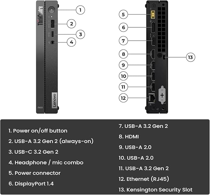 Lenovo ThinkCentre 50q Gen 4 Business Mini Desktop, 13th Gen Intel Core i5-13420H, 32GB RAM, 1TB SSD, Display Port, Wired Keyboard & Mouse, Wi-Fi 6, Windows 11 Pro, Black