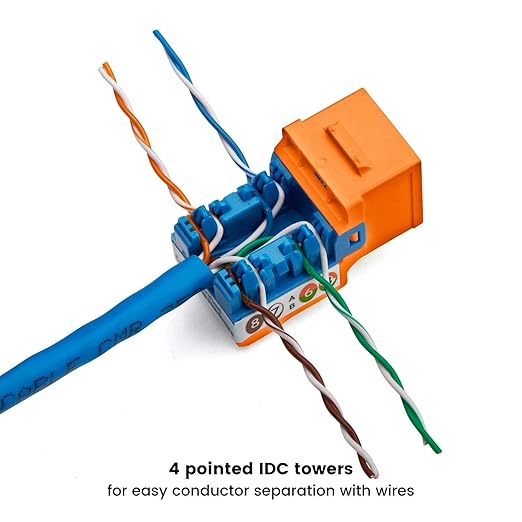 trueCABLE Cat5e Keystone Jack, Unshielded (UTP), 90 Degree Punch-Down, PoE++ (4PPoE) 100W, UL Listed, ETL Verified, ANSI/TIA Certified, Modular RJ45 Female, Orange, 24 Pack