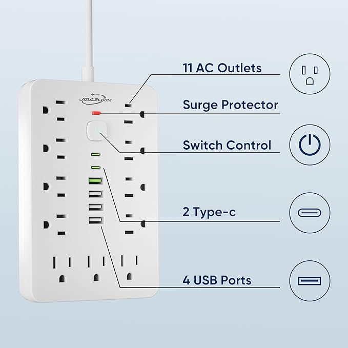 2 Pack 5 FT Flat Plug Surge Protector Power Strip,11 Multiple AC Outlets with 6 USB Ports (2 USB C), 5 Feet Extension Cord, 1250W/10A, One Touch Switch Button, 17 in 1 Compact powerstrip