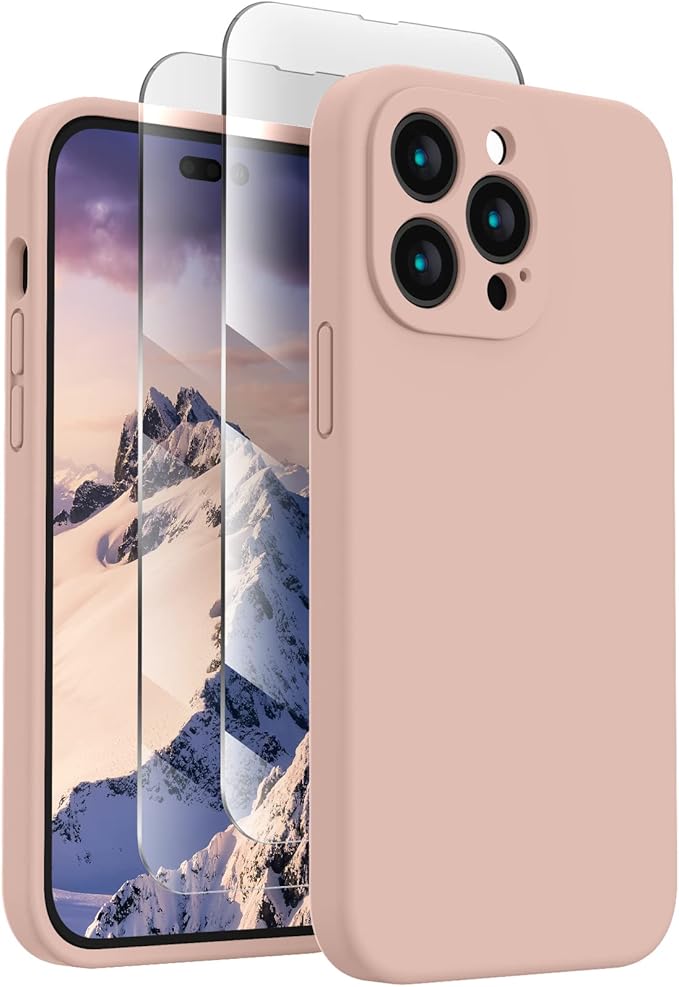 FireNova for iPhone 14 Pro Case, Silicone Upgraded [Camera Protection] Phone Case with [2 Screen Protectors], Soft Anti-Scratch Microfiber Lining Inside, 6.1 inch, Pinksand