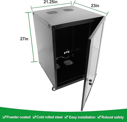 12U Server Cabinet Wall Mount Rack Enclosure with Caster Wheels 2 Server Fans Locking Glass Door Removable Side Panels 19" Network Cabinet 15-18.5" Installation Depth Heavy-Duty Frame (27INCH, 12U)