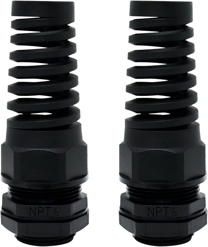 LeMotech 2Pcs NPT 1/2" IP68 Waterproof Cable Gland Flex Spiral Strain Relief Black Nylon Joint with Gaskets for 6-12mm Wire Thread