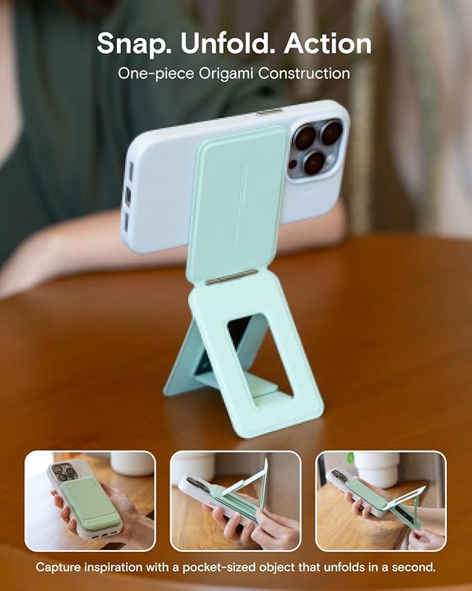 MOFT Phone Stand, Magnetic Phone Tripod Stand Stain-Resistant MOVAS Leather & Angle Adjustment & Strong Magnets Tripod for iPhone 16/15/14/13/12 (Included Metal Ring)-Sapphire