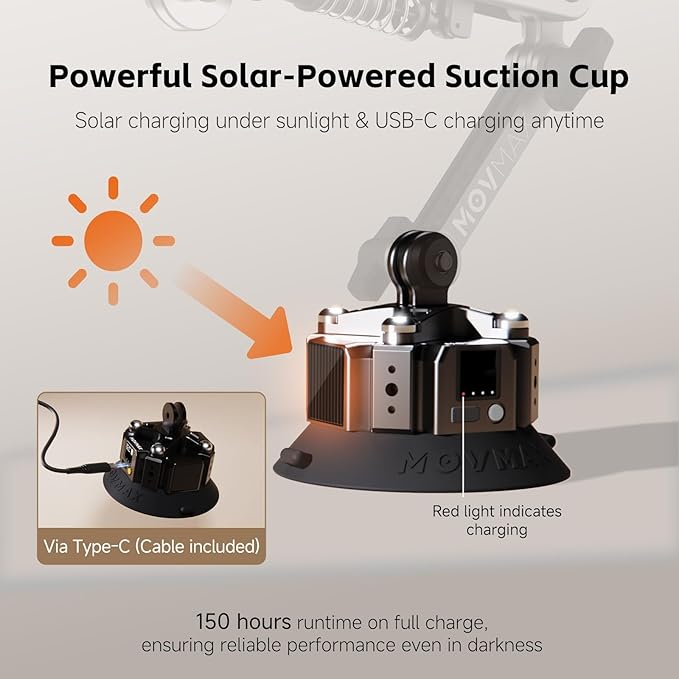 MOVMAX Blade Arm Solar Powered Electronic Suction Kit, Shock Absorber Arm Car Mount for DJI Pocket 3, GoPro Hero 13, 360 Action Cameras with Auto Pressure Detection & LCD Display, Pocket 3 Accessories