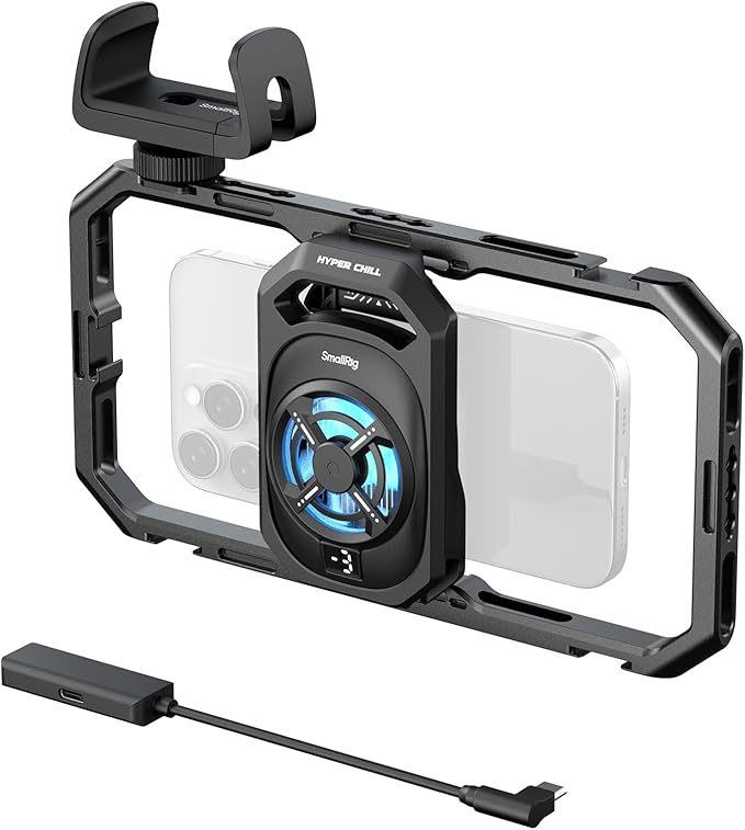 SmallRig Universal Hyper Chill Cooling Phone Cage for iPhone/Android, with 15W Active Cooler & 2-in-1 USB-C Adapter & Power Bank Holder, Compatible 2.5-3.1" Phones, Live Streaming Video Shooting-5275