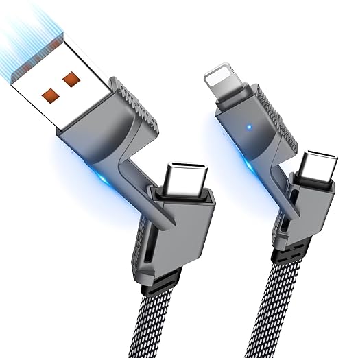 2Pack 6FT 4 in 1 USB C Cable for Lightning, 60W Fast Charging, Flat Braided, Dual Type C Cord, Multi Charger for iPhone 16 15 14 13 Pro Max/15 Plus/15 Pro/Samsung Galaxy S24 S23/iPad/MacBook