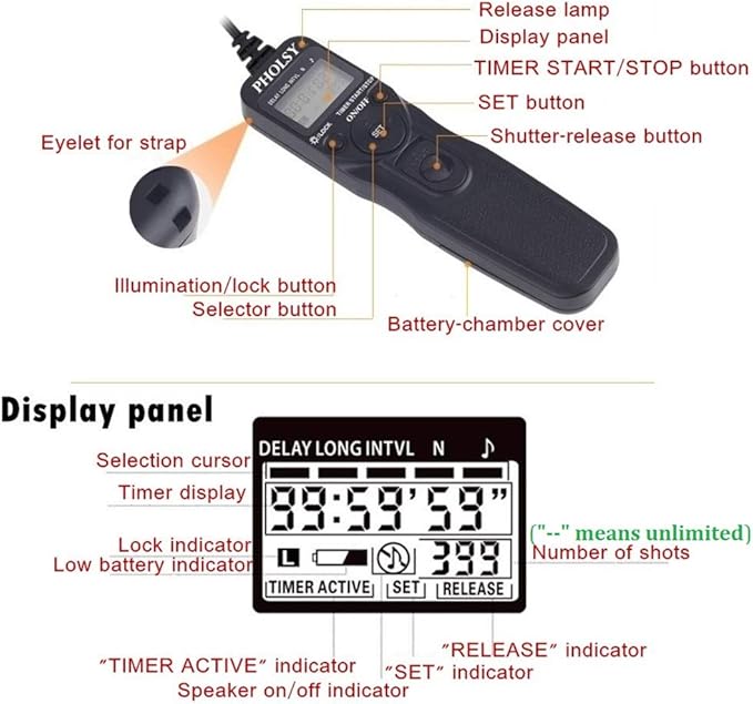 PHOLSY N8 Timer Remote Control Cable with Intervalometer for Nikon Z8, Z9, D3, D4, D5, D6, D800, D850, D810, D700, D500, D300, D200, F6, F100, F5, F90, N90s, D1X, D2H, D3X, Replaces Nikon MC-36A