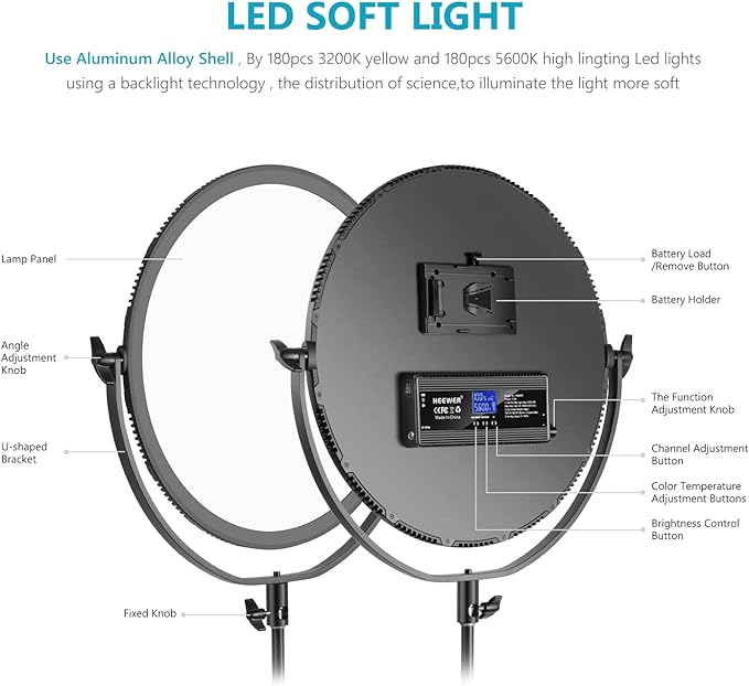 Neewer LED Bi-Color Studio Round Lighting, Ultra Thin Studio Edge Flapjack Light, 18''/45.5cm 70W Dimmable Portrait Light with AC Adapter/2.4G Wireless Remote (Battery/Light Stand Not Included)