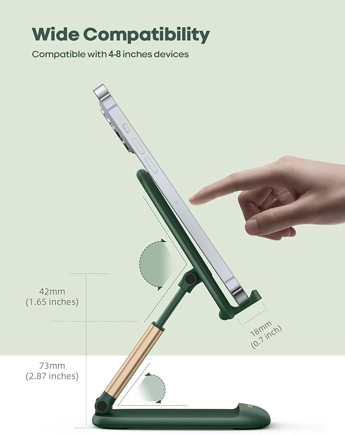 Lamicall Adjustable Phone Stand for Desk - Foldable Phone Holder Cradle Dock for iPhone 16 15 14 Pro Max Plus, 13 12 Pro Max Mini, 11 Pro, Xs, XR, X, 8, 6s, Samsung S23, 4"-8" Mobile Phones - Green