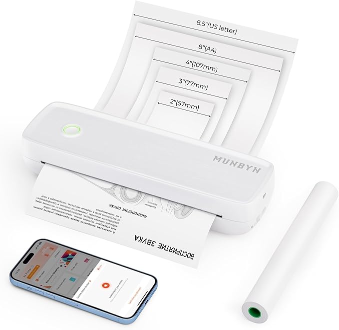 MUNBYN Portable Printers Wireless for Travel ITP04, Inkless Printer, Thermal Bluetooth Printer, Support 8.5x11&A4 Thermal Paper, Compatible with Android and iOS Phone & Laptop, Small Printers (White)