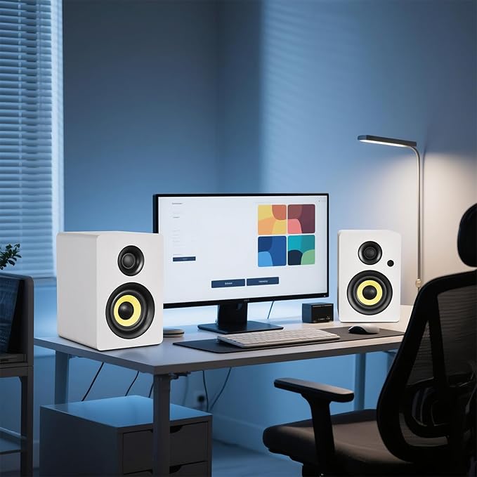 SW206 4” HiFi Bookshelf Speakers with Studio Mode, 80W Active, Bluetooth 5.4/Optical/Coaxial/TRS/Aux/24bit DAC USB, for Turntable TV PC Desktop, MDF Cabinet, Remote Control, White