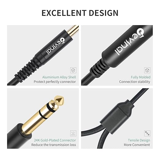 Devinal 1/4 inch TRS Splitter Cable, 6.35mm Stereo Y Cable, 1/4 Male Plug to Dual 1/4 Female Jack Cord, 12 inches / 30cm