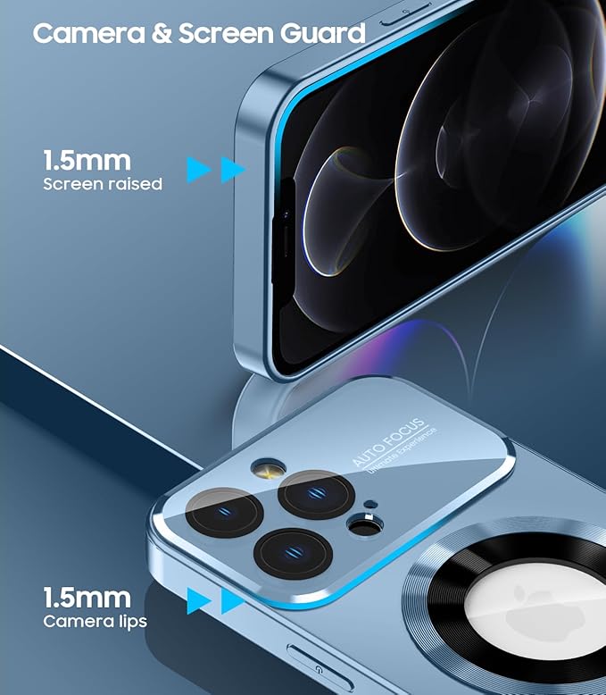 Magnetic for iPhone 12 Pro Case, Compatible with MagSafe, Built-in Camera Lens Protector, Logo View, Military Grade Drop Proof Phone Case Cover, Sierra Blue