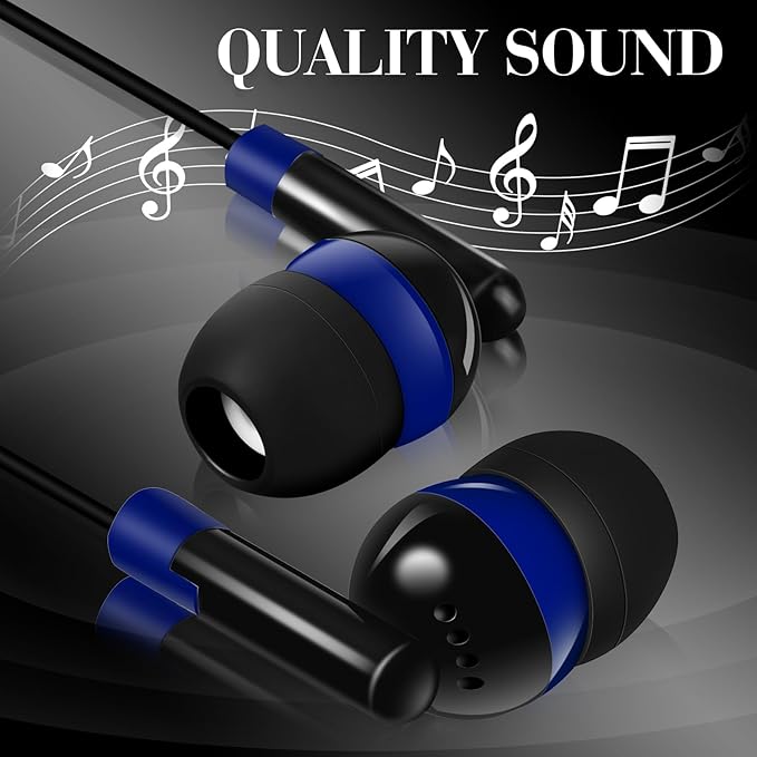 Kanayu 100 Pack Wired Earbuds Bulk for Classroom Ear Headphones Wired Basic Student Earbuds No Microphone with 3.5mm Jack for Kids Class Laptop School Library, Individually Bagged(Dark Blue)